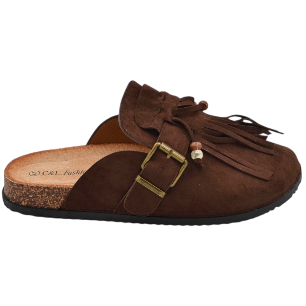 Pantofolina mule donna marrone in camoscio con frange sottopiede anatomico in sughero e suola in gomma.