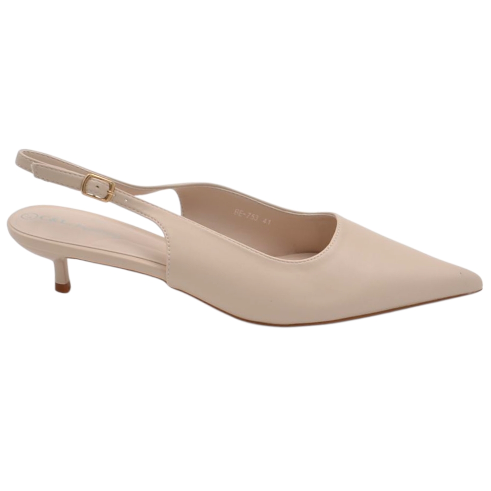 Decollete donna a punta beige pelle slingback con cinturino tacco a spillo 3 cm.