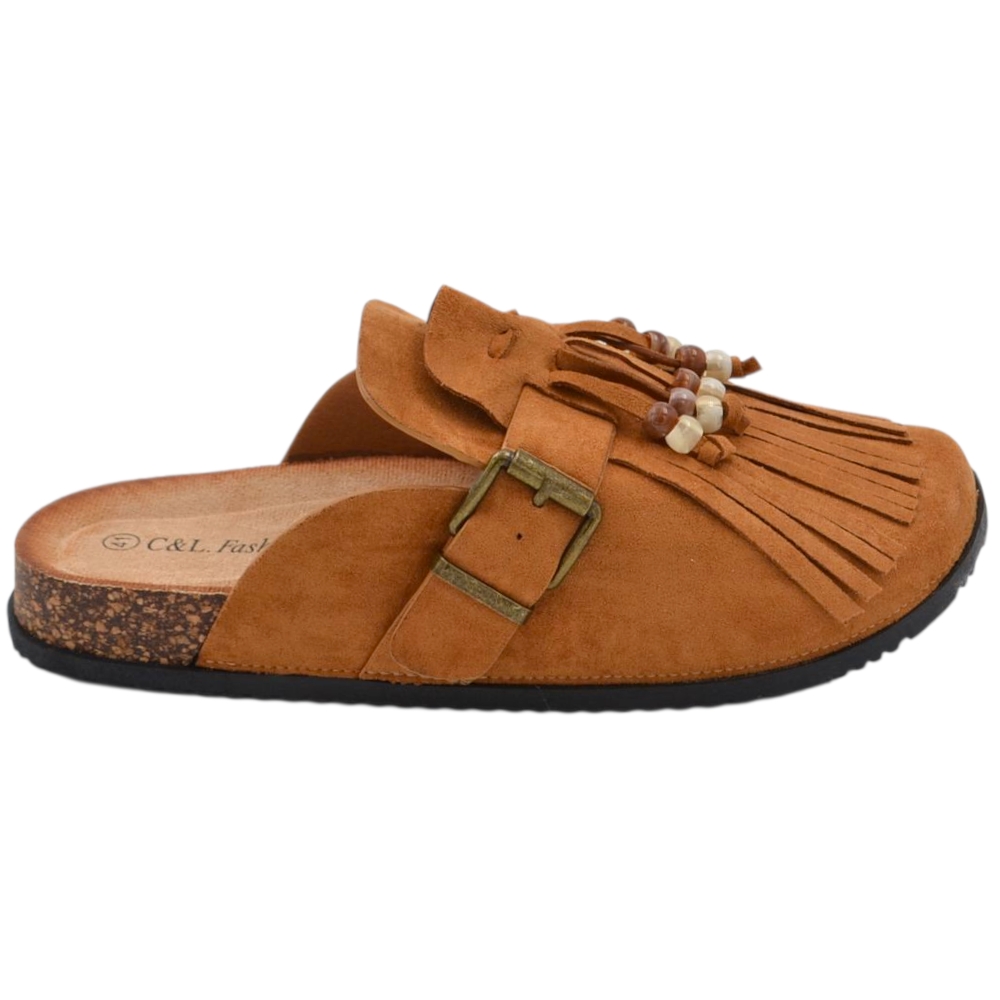 Pantofolina mule donna cuoio in camoscio con frange sottopiede anatomico in sughero e suola in gomma.