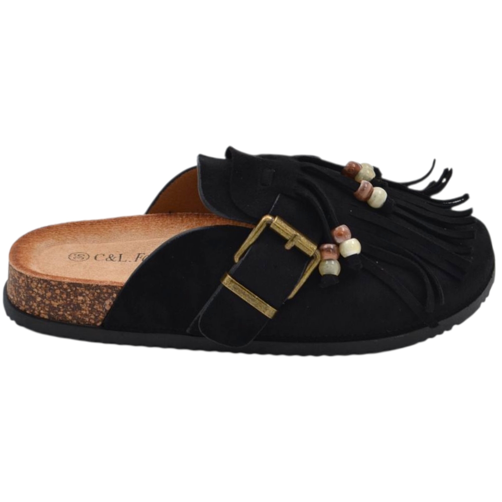Pantofolina mule donna nero in camoscio con frange sottopiede anatomico in sughero e suola in gomma.