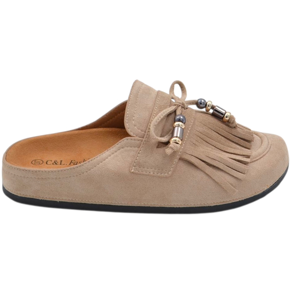 Pantofolina mule donna taupe in camoscio con frange e fiocco sottopiede anatomico in sughero e suola in gomma.