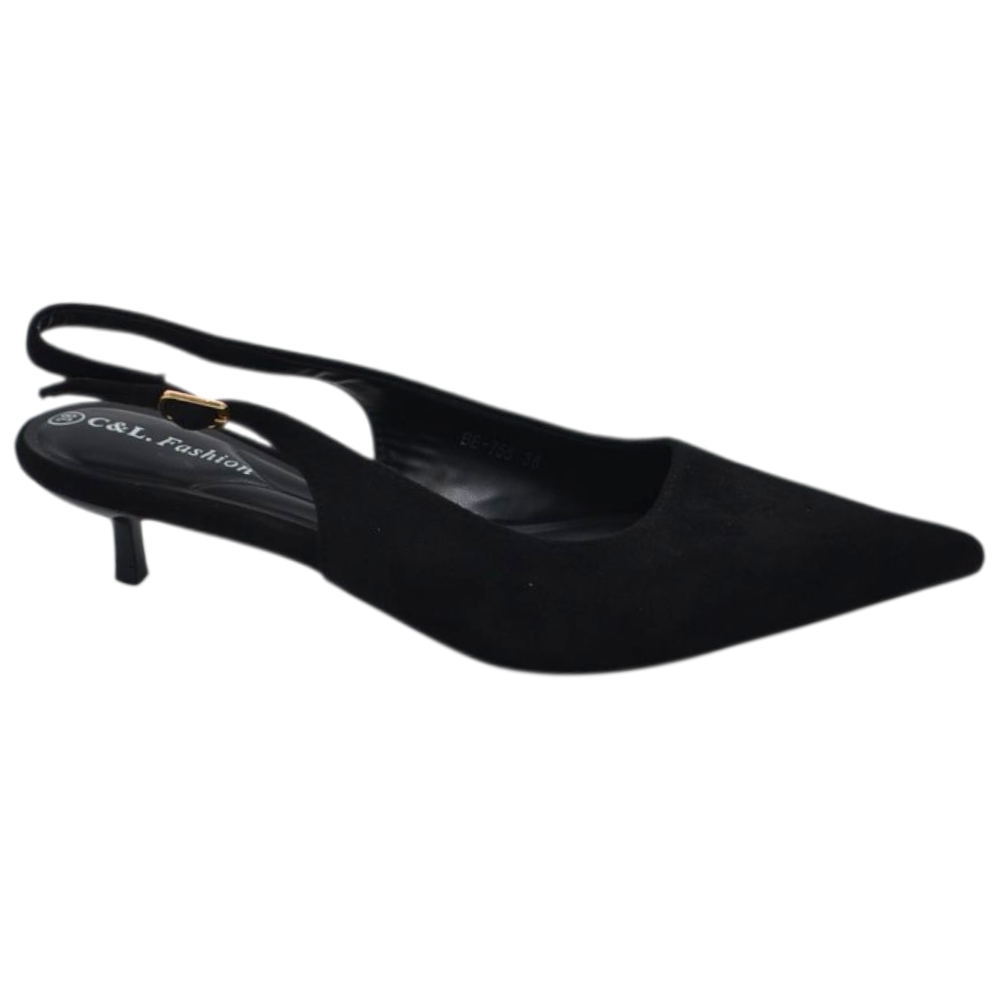 Decollete donna a punta nero camoscio slingback con cinturino tacco a spillo 3 cm
