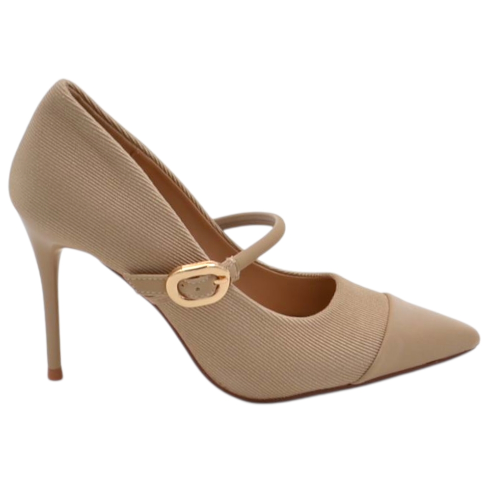 Decollete donna beige nude in tessuto con cinturino e fibbia dorata tacco a spillo 12 cm.