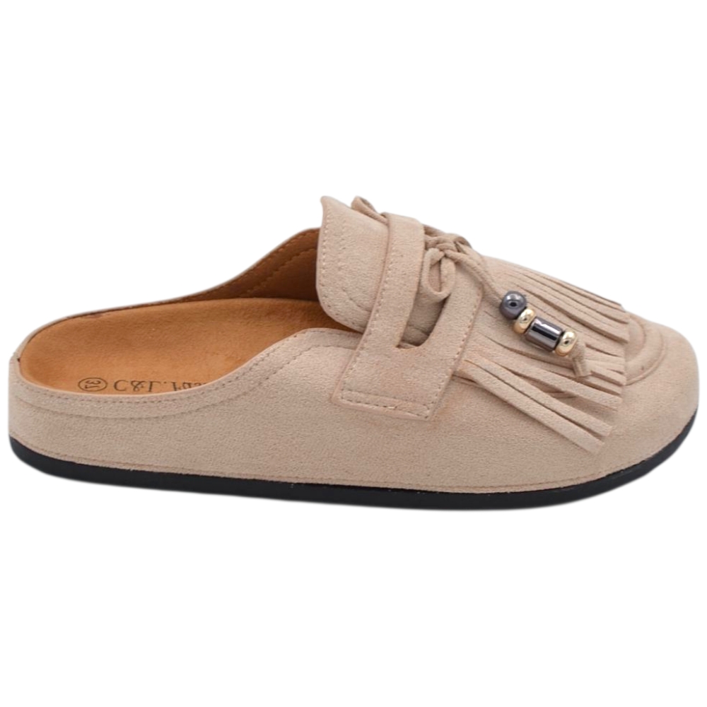 Pantofolina mule donna beige in camoscio con frange e fiocco sottopiede anatomico in sughero e suola in gomma.