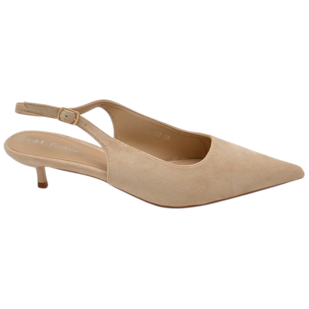 Decollete donna a punta beige camoscio slingback con cinturino tacco a spillo 3 cm.