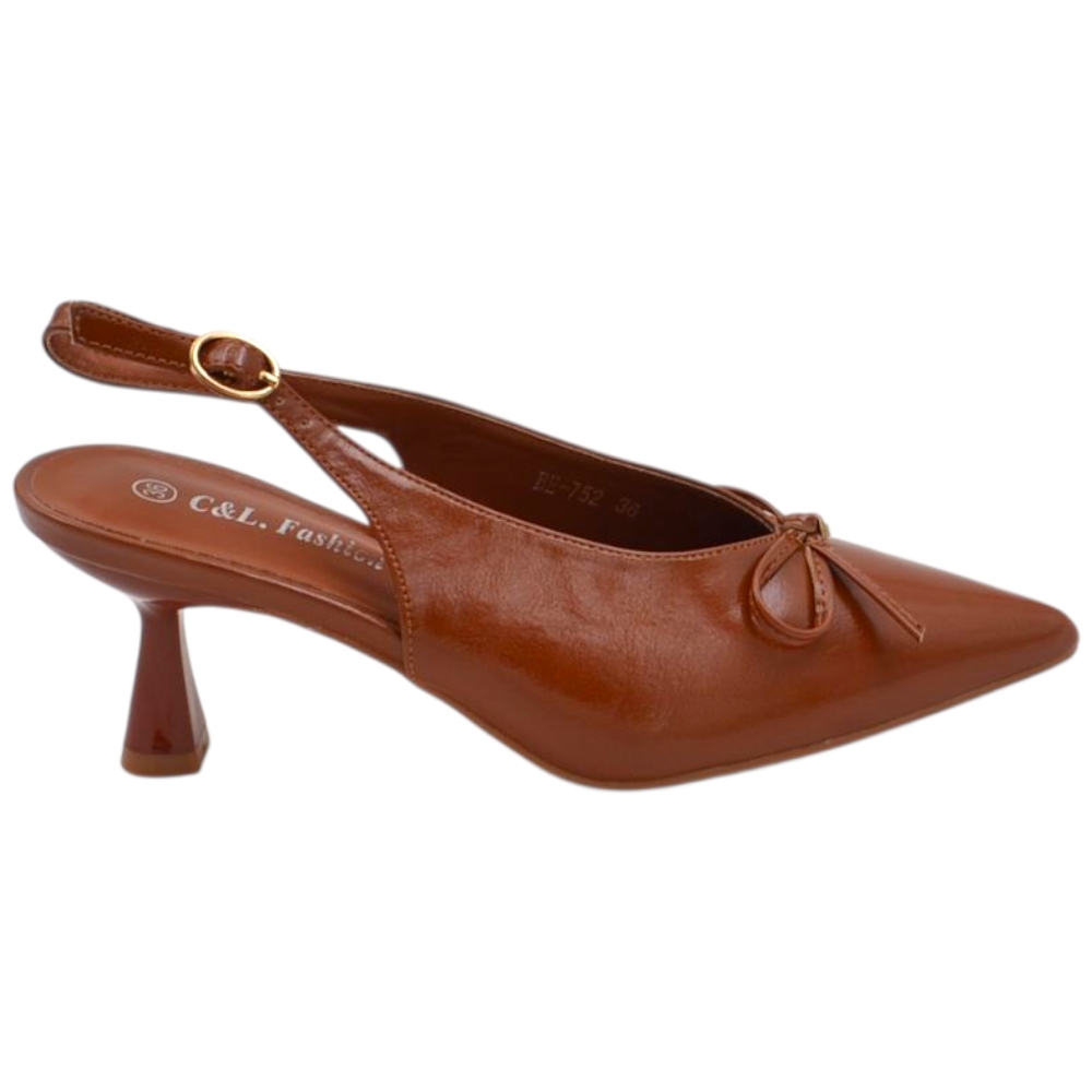 Decollete donna a punta cuoio in vernice lucida slingback con scollo a v e fiocco tacco a clessidra 6 cm.