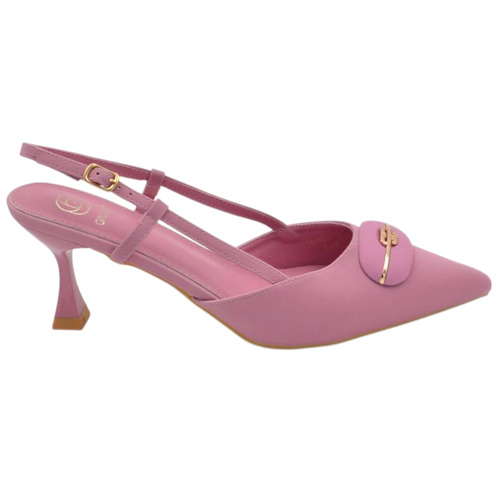 Decollete donna a punta slingback rosa in raso con dettaglio gioiello tacco clessidra 7cm chiusura caviglia