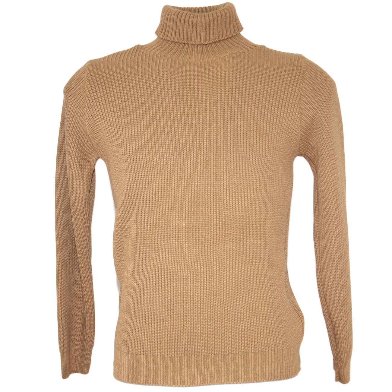 Maglione dolcevita uomo color cammello colletto stretto slim fit ad intessitura larga linea basic caldo e confortevole