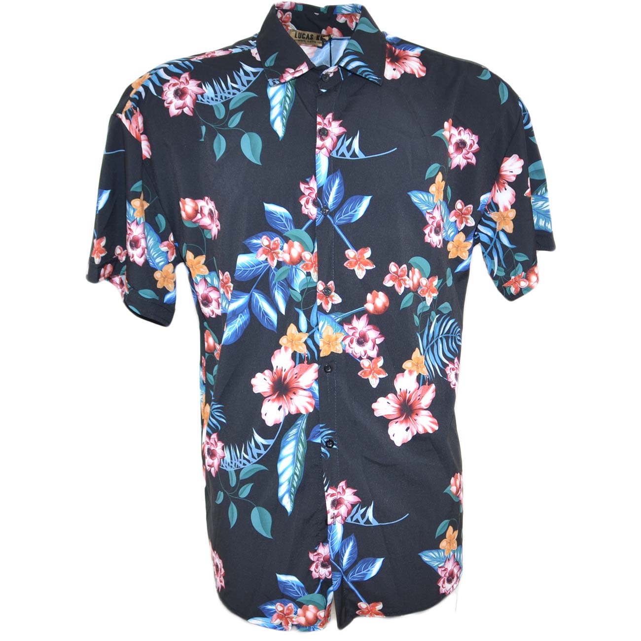 Camicia nero uomo a manica corta in cotone con bottoni frontali stile hawaiano con fiori colorati estate moda uomo	