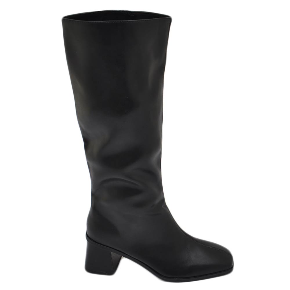 Stivale alto donna in pelle nero punta quadrata tacco largo comodo 4 cm zip laterale aderente effetto calzino