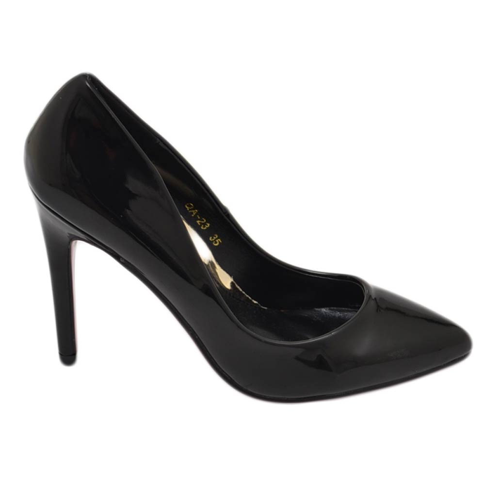 Decollete' scarpe donna eleganti a punta nero lucido vernice tacco a spillo 10 cerimonia evento.