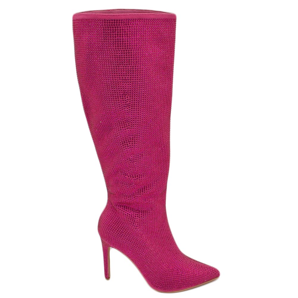 Stivale fucsia donna sotto al ginocchio ricoperto di strass tacco a spillo 12 aderente con zip a punta moda cerimonia