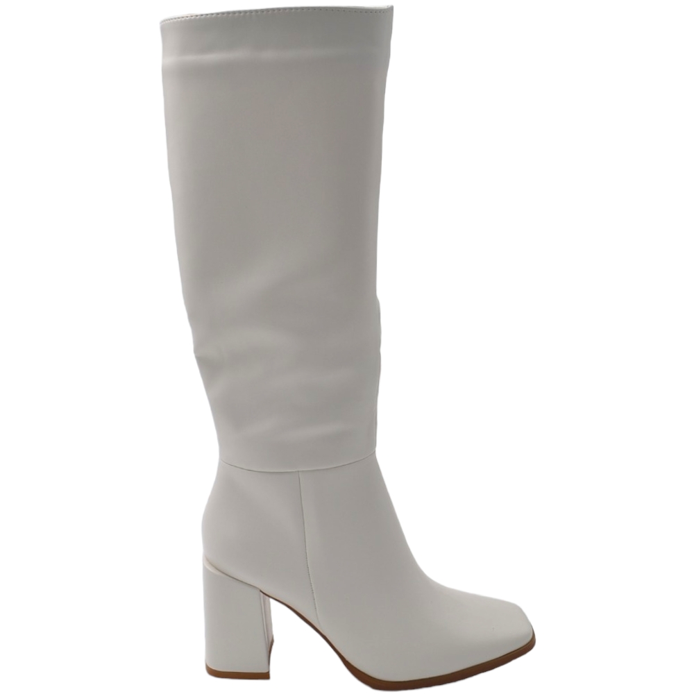 Stivali donna in pelle bianco fondo gomma antiscivolo tacco quadrato 5 cm al ginocchio zip punta quadrata .