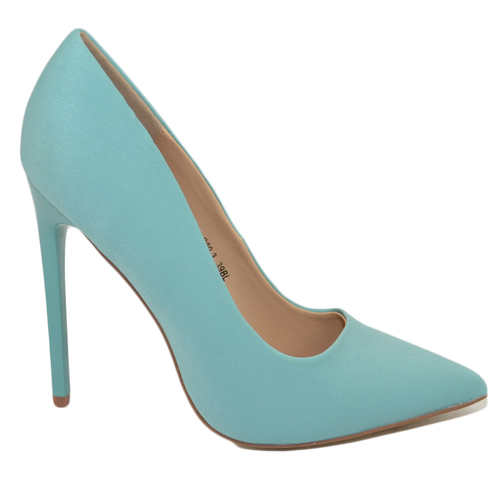 Scarpe donna decollete a punta elegante in raso lycra verde acqua tacco a spillo 12 cm moda elegante cerimonia evento