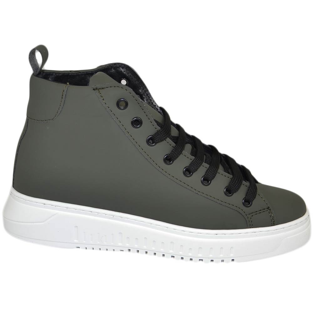 SNEAKERS UOMO ALTA STIVALETTO  IN VERA PELLE GOMMATA VERDE MILITARE FONDO ARMY BIANCO MADE IN ITALY MODA.