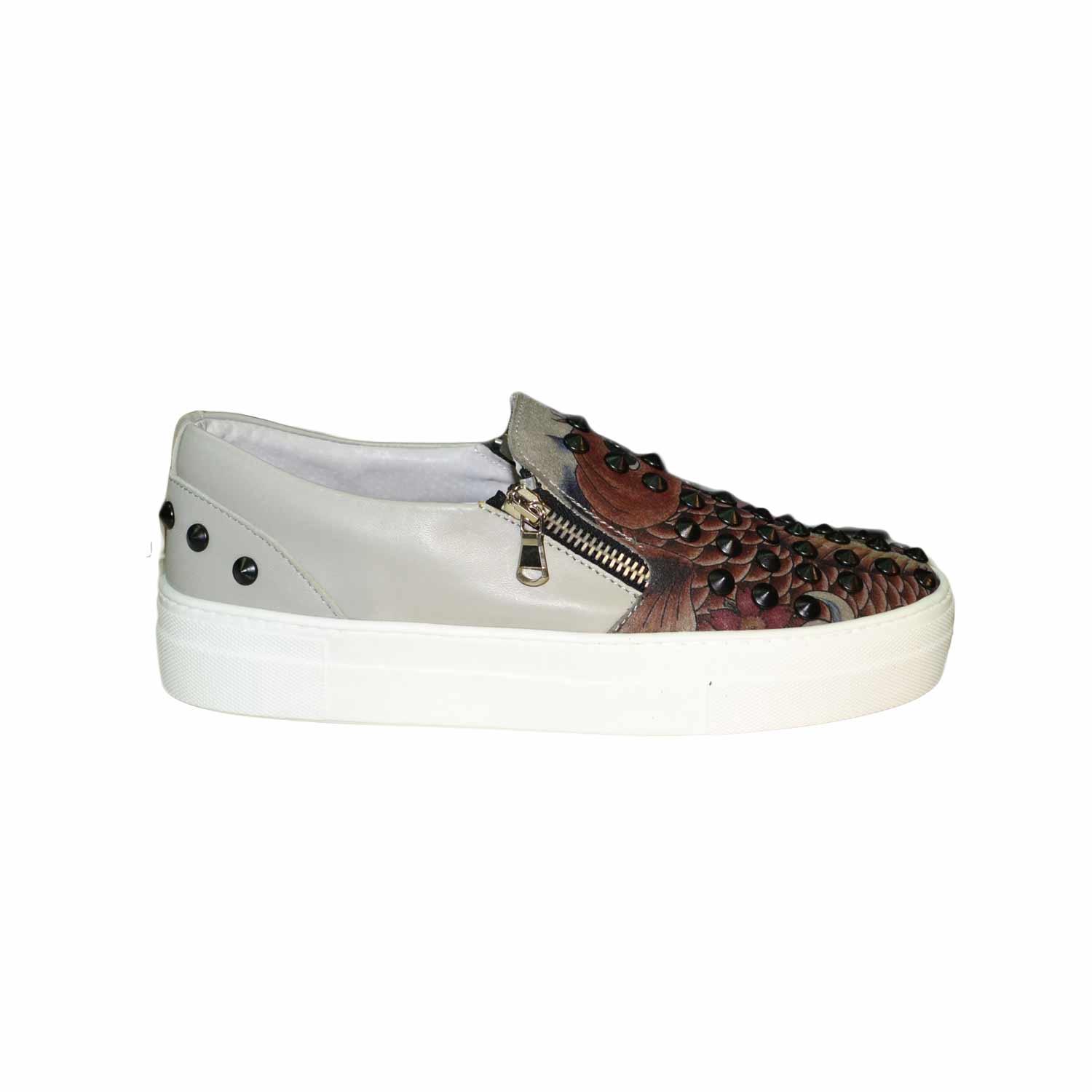 Scarpe donna grigio borchie vera pelle artistico con zip laterali mocassino fondo alto made in italy