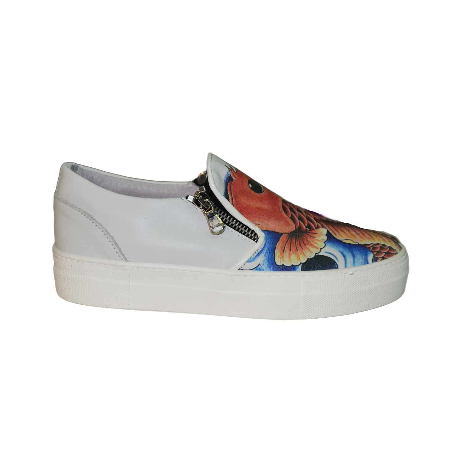 scarpe donna bianco vera pelle artistico con zip laterali mocassino fondo alto made in italy