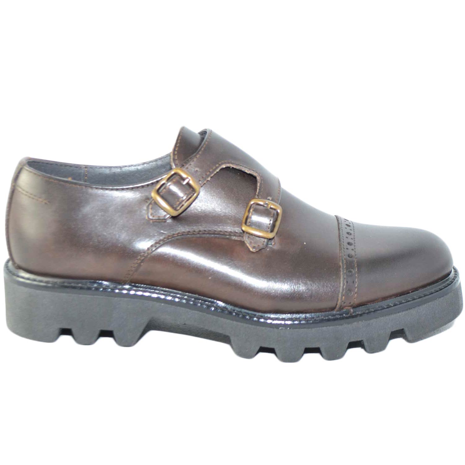 Calzature uomo art 9677 doppia fibbia vera pelle crust marrone fondo imperial antiscivolo made in italy