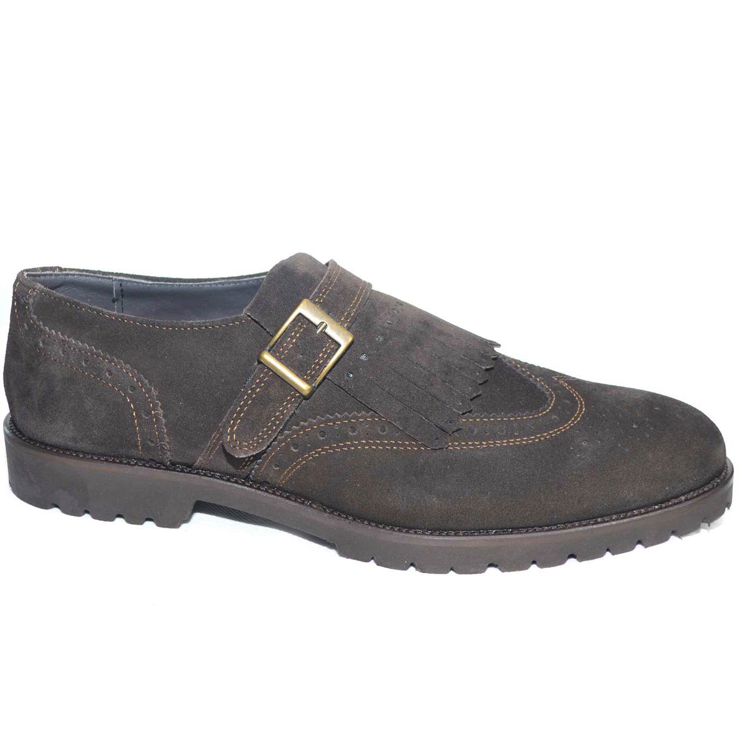 SCARPE UOMO FIBBIA FRANGE VERA PELLE SCAMOSCIATA MARRONE MADE IN ITALY FONDO ANTISCIVOLO MODA ARTIGIANALE  