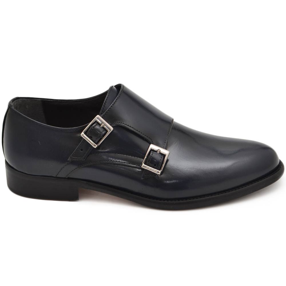 SCARPE UOMO CLASSICO DOPPIA FIBBIA IN VERA PELLE BLU CON FONDO IN CUOIO CON PIANTINA ANTISCIVOLO MODA UOMO  