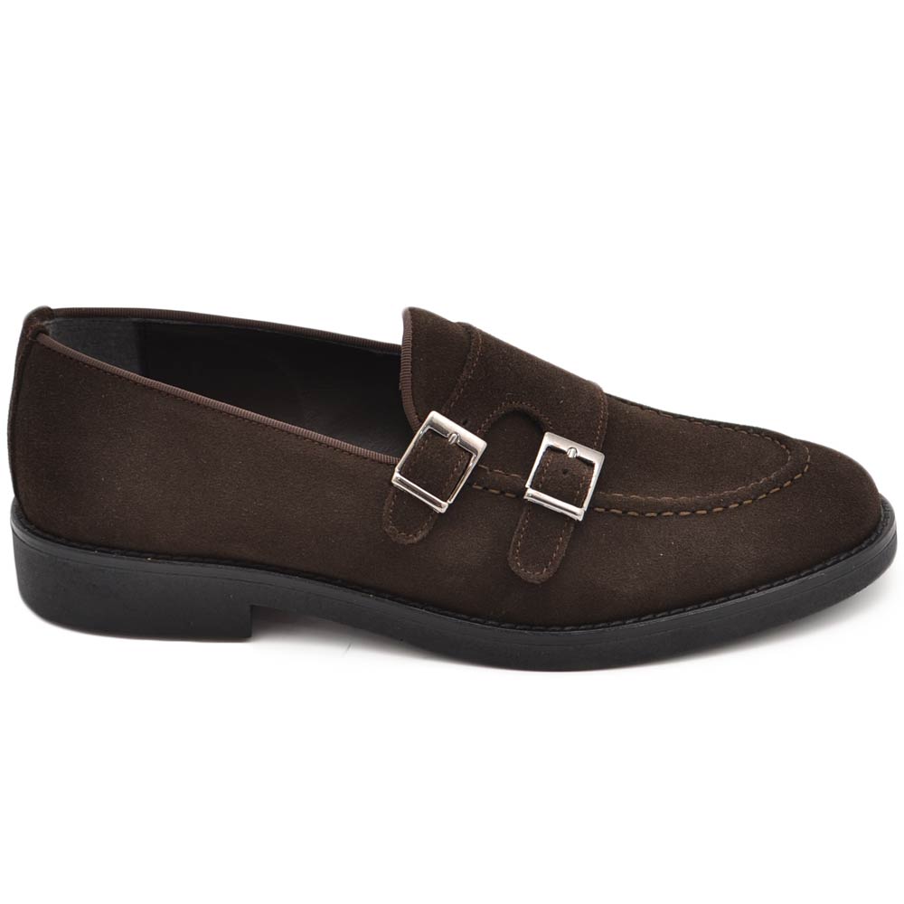 Scarpe mocassino uomo doppia fibbia in vera pelle camoscio marrone fondo in gomma leggera fibbia argento