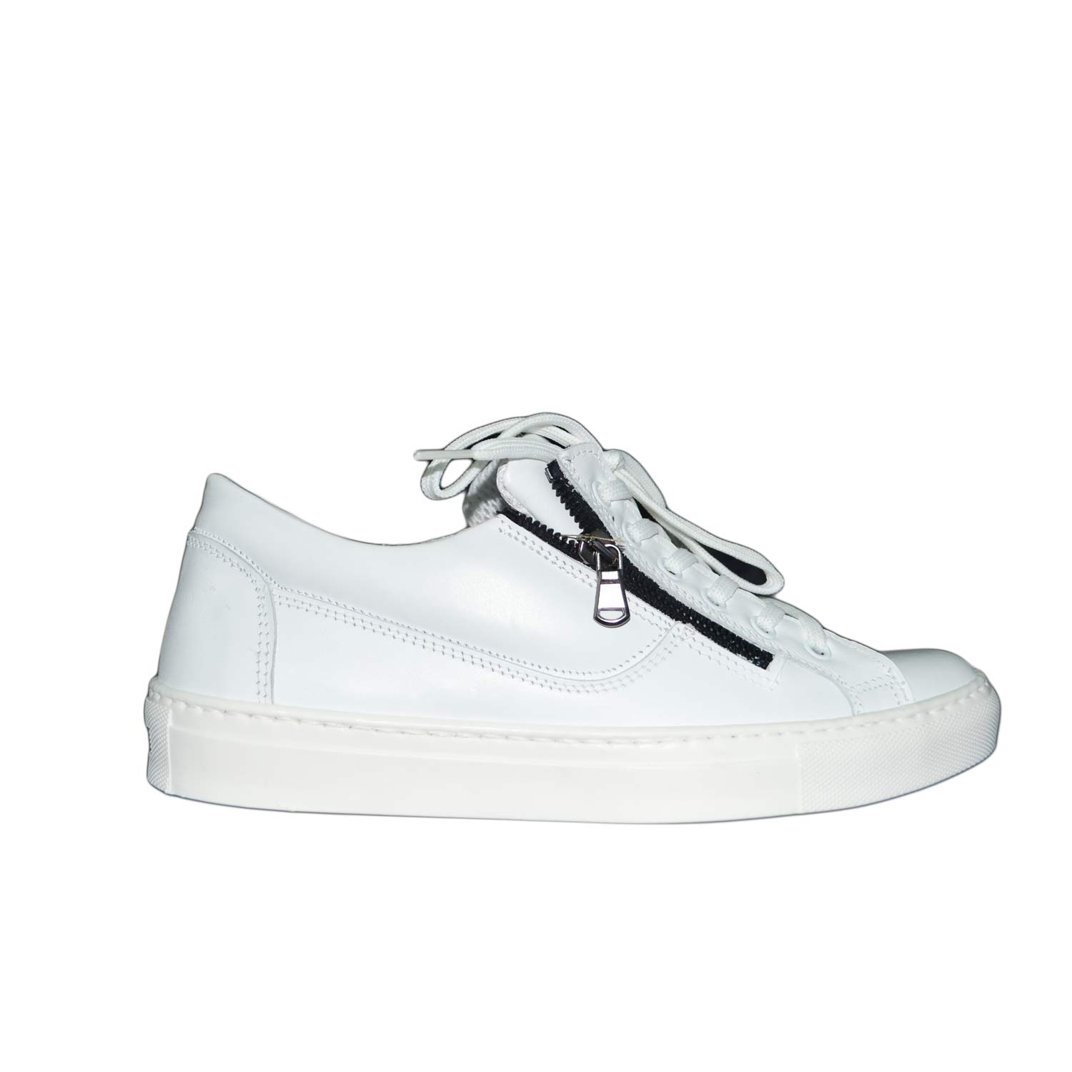 Sneakers bassa doppia zip vera pelle bianco made in italy lacci moda