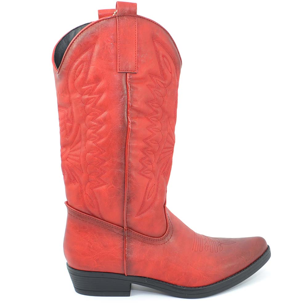 Stivali donna camperos texani stile western rossi con cucitura laser su pelle tinta unita altezza polpaccio