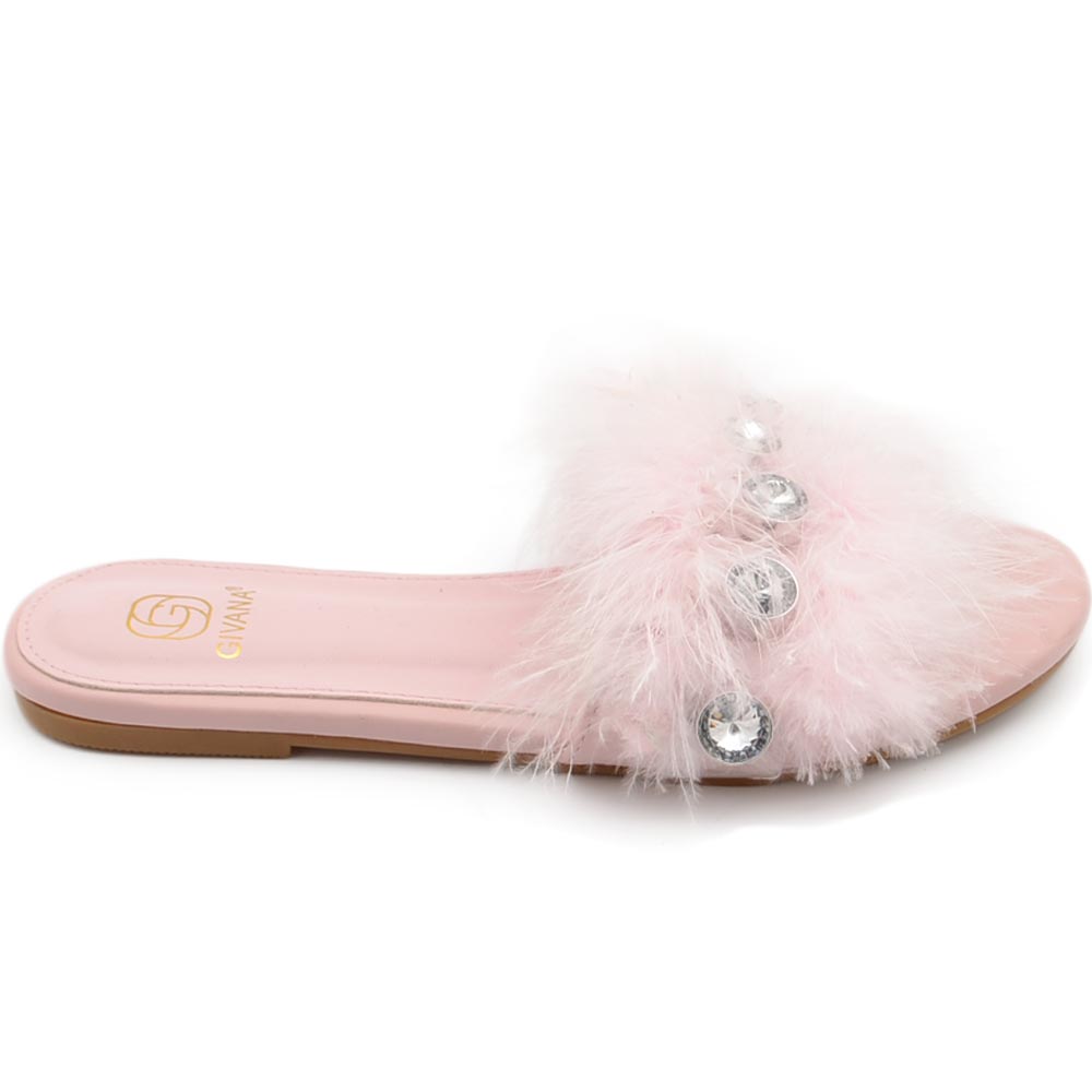 Pantofoline donna pelliccia peluche pelo con applicazioni rosa cipri voluminosa colorata morbide raso terra moda glamour.