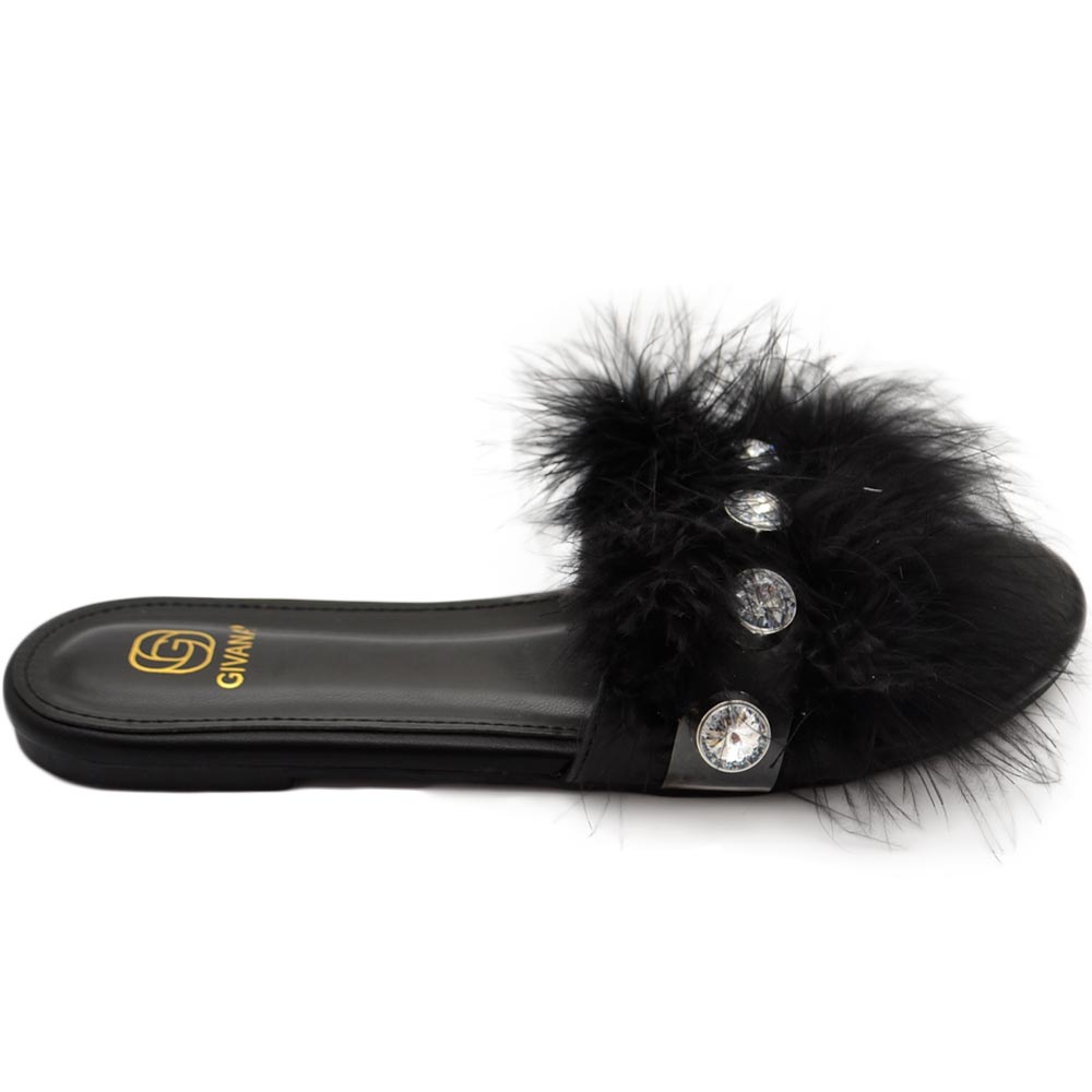 Pantofoline donna pelliccia peluche pelo con applicazioni nero voluminosa colorata morbide raso terra moda glamour.