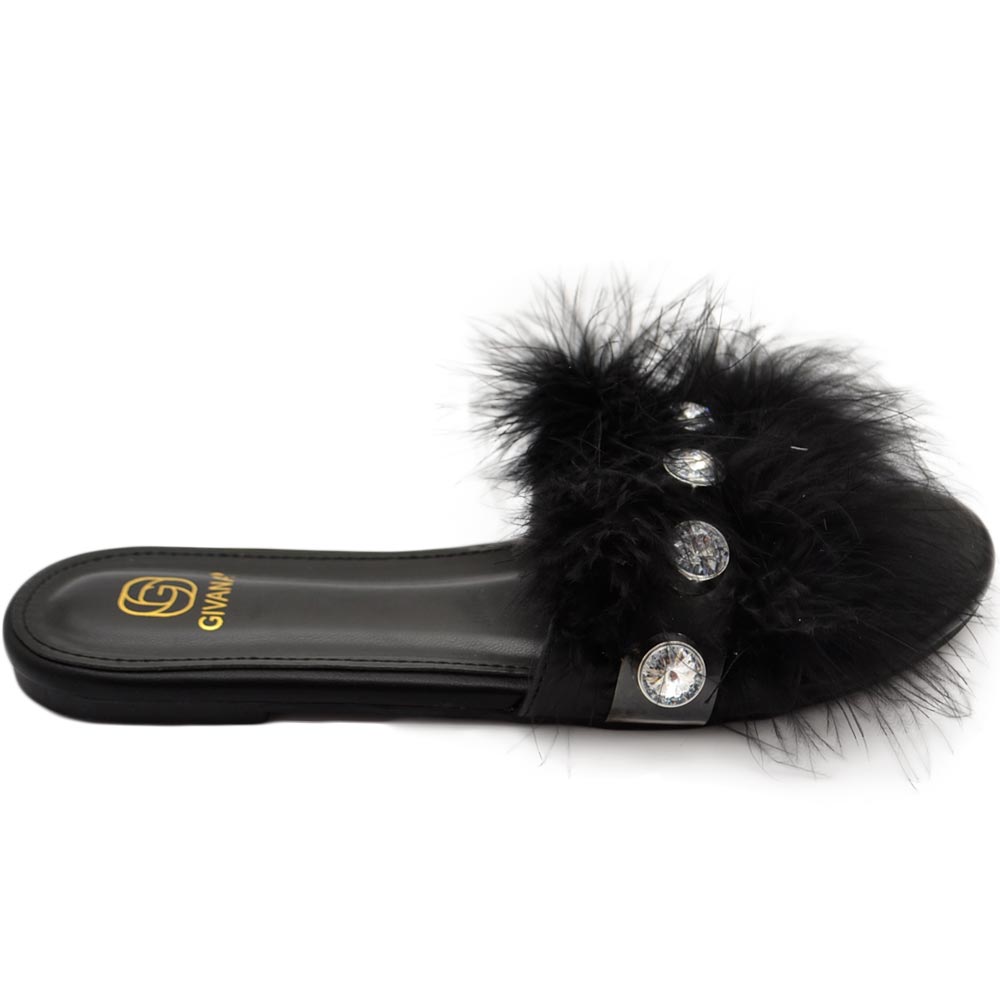 Pantofoline donna pelliccia peluche pelo con applicazioni nero voluminosa colorata morbide raso terra moda glamour
