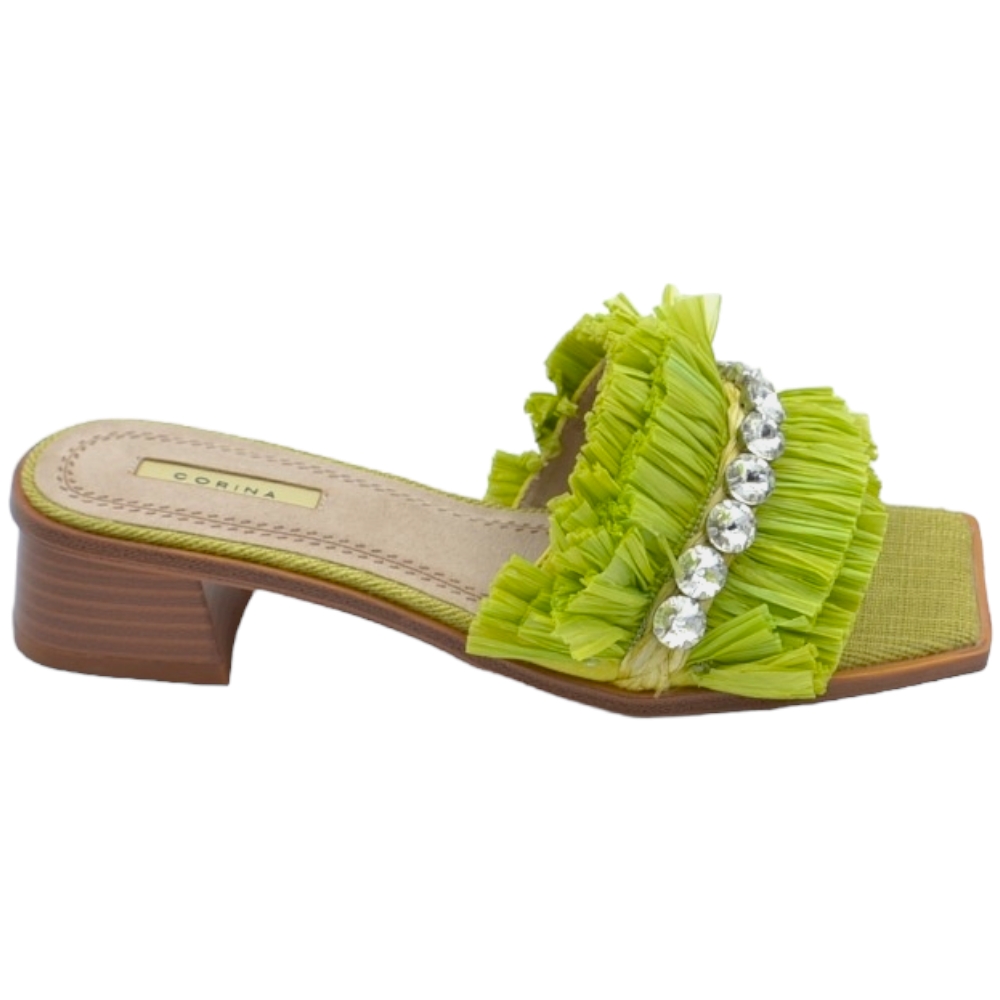Pantofoline donna mule verde lime con drappeggi e strass voluminosa colorata punta quadrata morbide tacco largo 3 cm.