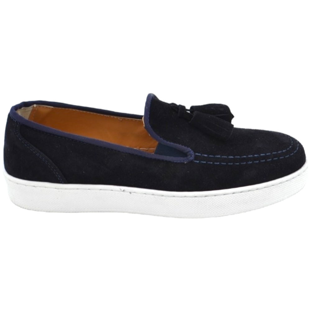 Mocassini uomo college bendina con nappine in vera pelle scamosciata blu spazzolato fondo bianco alto gomma