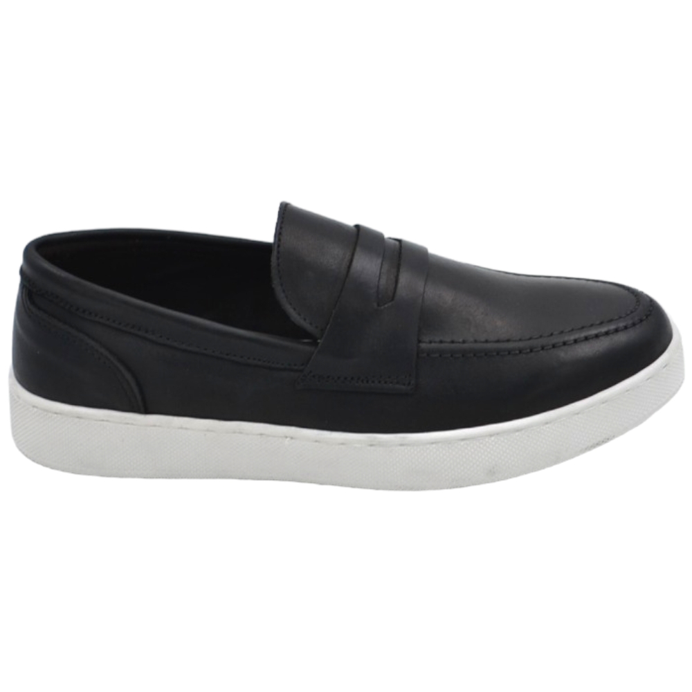 Mocassini uomo college con bendina tono su tono in vera pelle nappa blu spazzolato fondo bianco alto gomma 3 cm