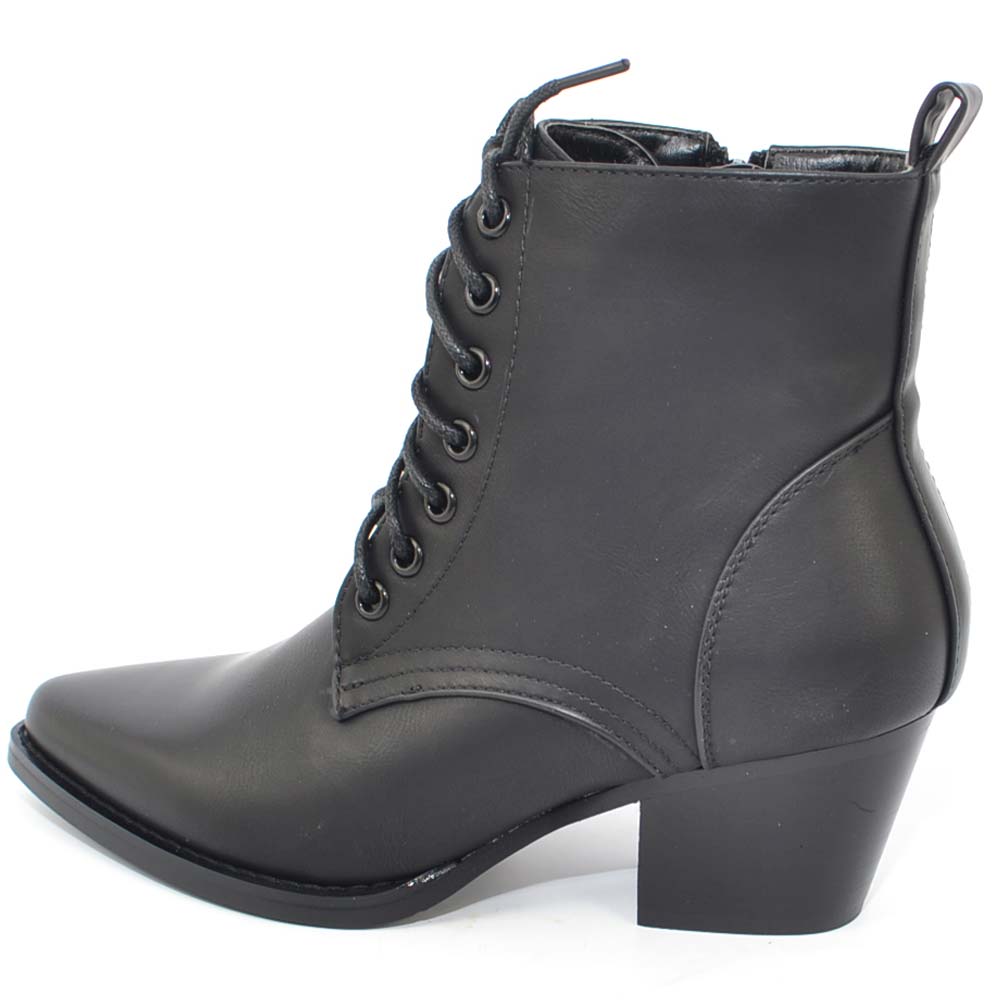 Stivaletto tronchetto donna nero a punta con lacci moda western camperos texano tacco cono basso chiusura zip