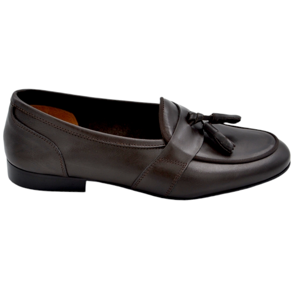 Scarpa mocassino uomo ls con bendina e bon bon vera pelle matte marrone cucita a mano fondo cuoio antiscivolo centrale