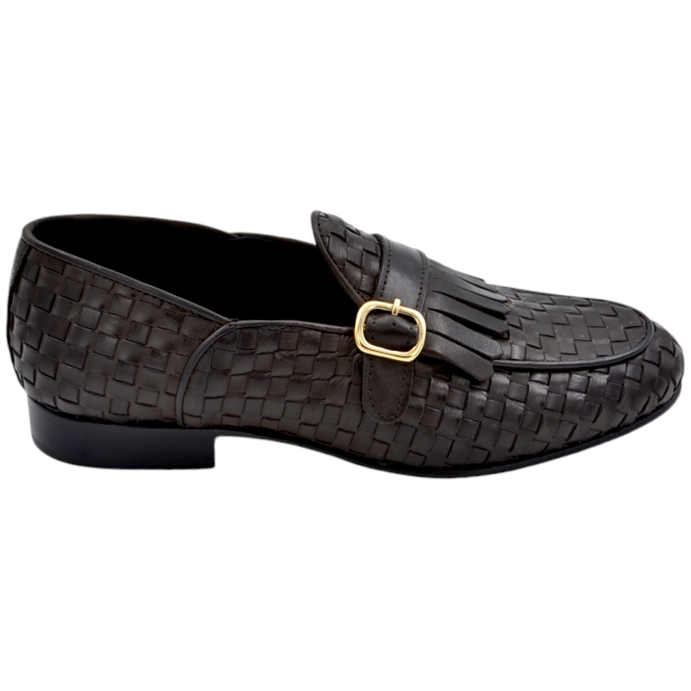 Scarpa mocassino uomo ls con fibbia oro e frangia in vera pelle marrone intrecciata a mano fondo cuoio antiscivolo