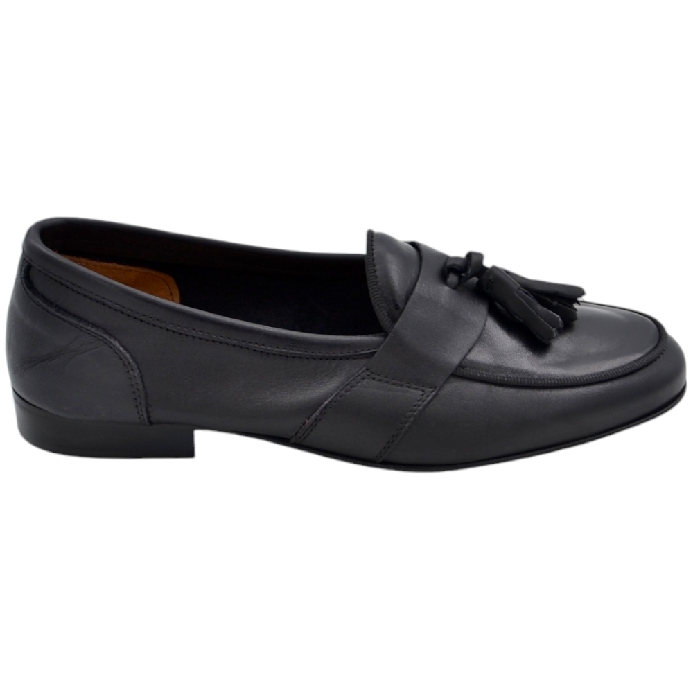 Scarpa mocassino uomo ls con bendina e bon bon vera pelle matte nero cucita a mano fondo cuoio antiscivolo centrale