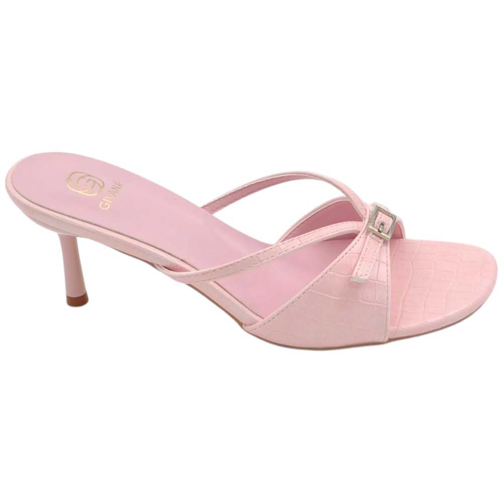 Sandalo tacco mules donna in pelle rosa fasce sottili all'avampiede fibbia argento senza chiusura tacco 7cm.