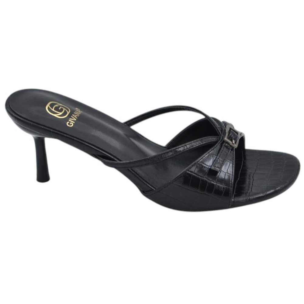 Sandalo tacco mules donna in pelle nero fasce sottili all'avampiede fibbia argento senza chiusura tacco 7cm.