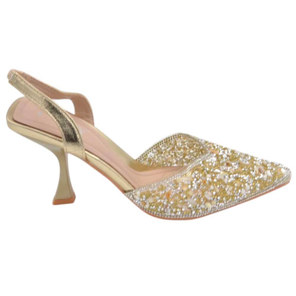 Decollete gioiello donna oro con scollo a v aperto sul tallone tacco clessidra 8 cm elegante cerimonia evento sposa