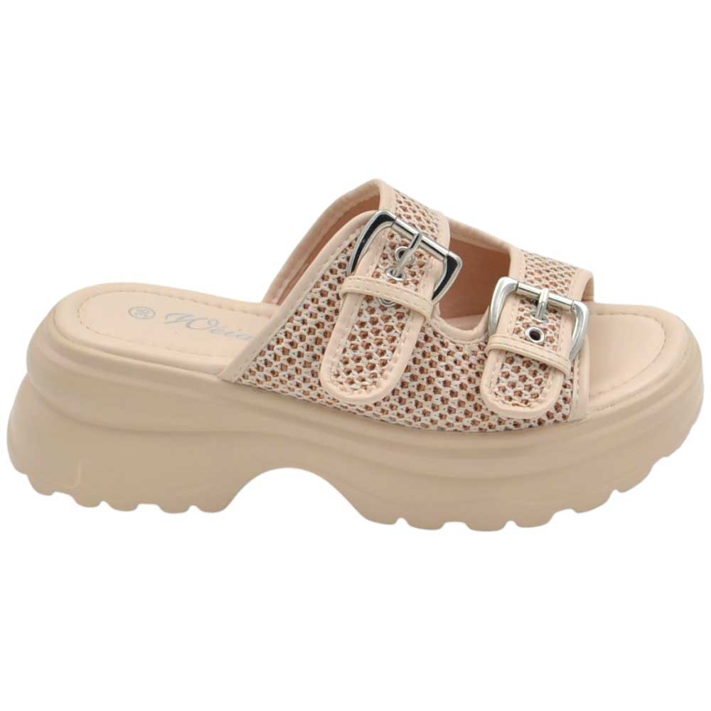 Pantofoline zeppa platform donna con doppia fibbia tessuto nido d'ape beige suola combat 7 cm zigrinato.