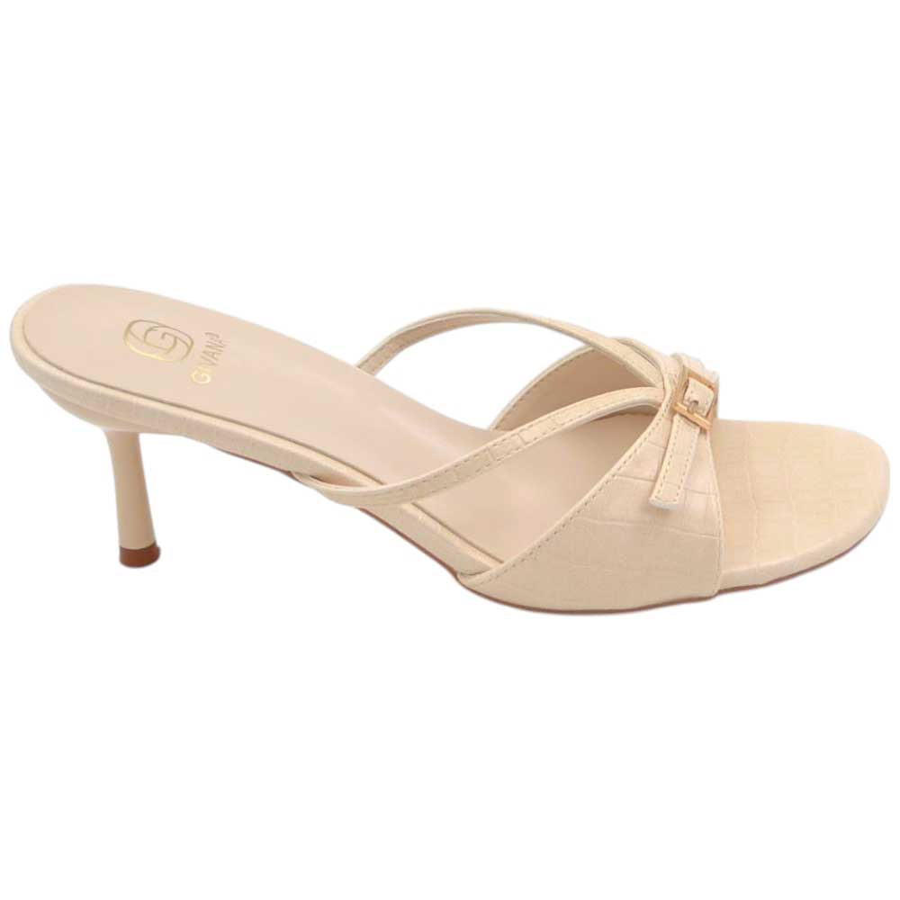 Sandalo tacco mules donna in pelle beige fasce sottili all'avampiede fibbia argento senza chiusura tacco 7cm