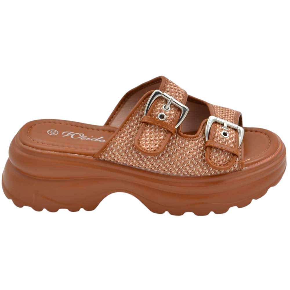 Pantofoline zeppa platform donna con doppia fibbia tessuto nido d'ape cuoio suola combat 7 cm zigrinato.