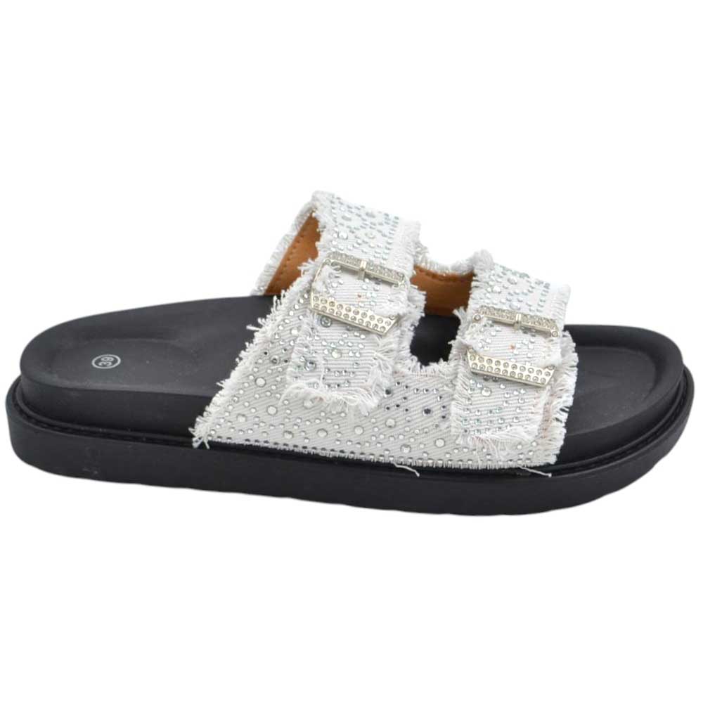 Pantofoline platform donna con doppia fibbia tessuto jeansato bianco e brillantini suola comfort 4 cm