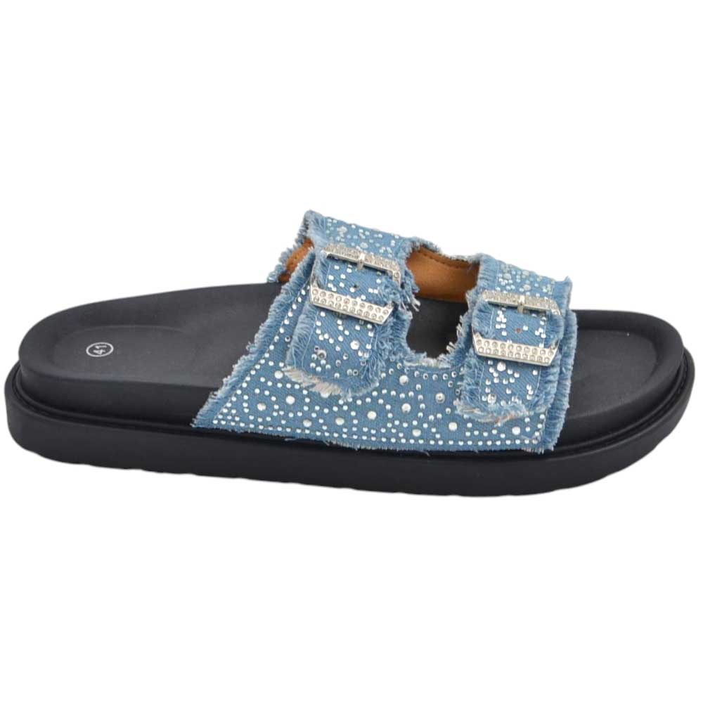  Pantofoline platform donna con doppia fibbia tessuto jeansato chiaro e brillantini suola comfort 4 cm.