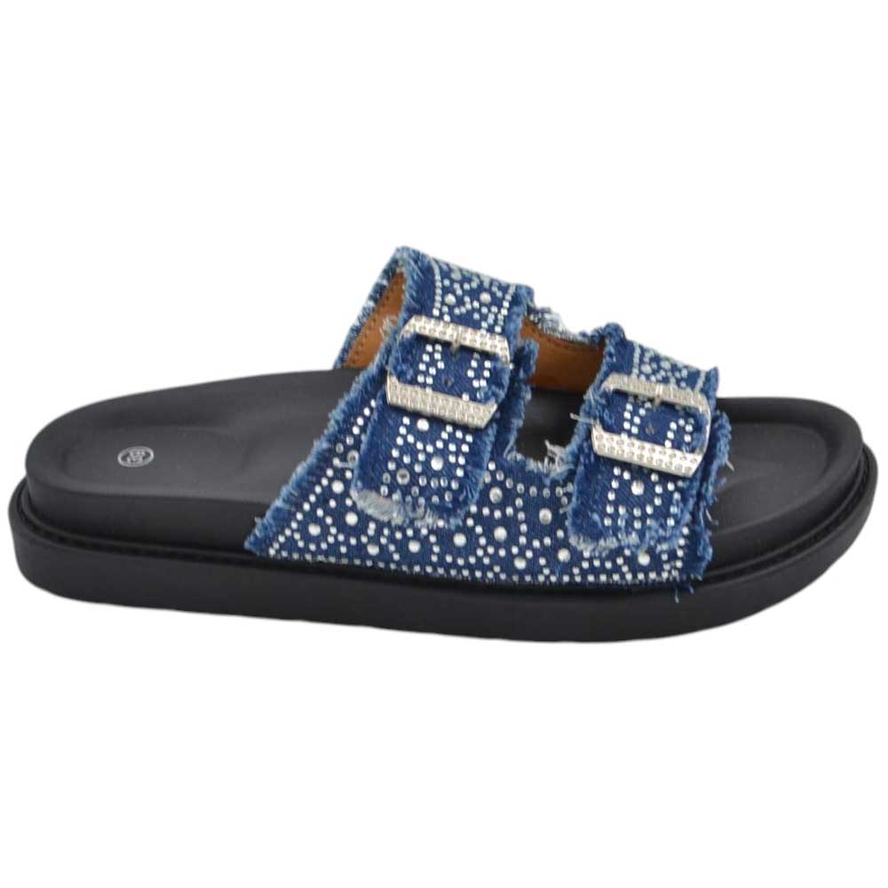 Pantofoline platform donna con doppia fibbia tessuto jeansato blue denim brillantini suola comfort 4 cm.