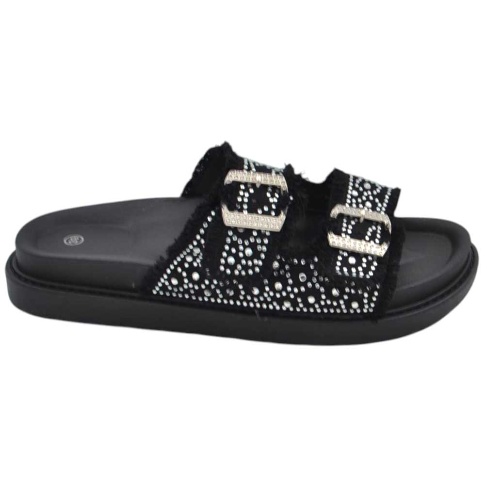 Pantofoline platform donna con doppia fibbia tessuto jeansato nero denim brillantini suola comfort 4 cm.