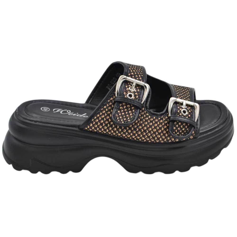 Pantofoline zeppa platform donna con doppia fibbia tessuto nido d'ape nero suola combat 7 cm zigrinato