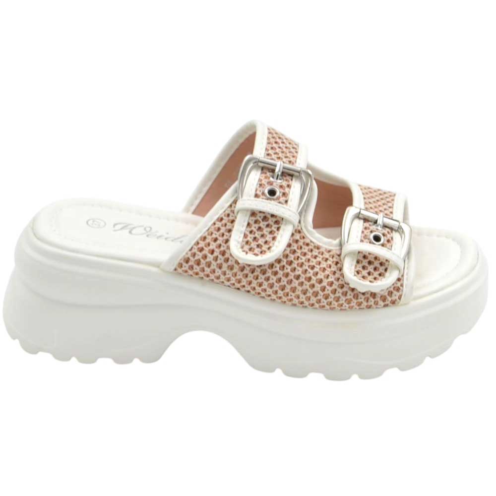 Pantofoline zeppa platform donna con doppia fibbia tessuto nido d'ape bianca suola combat 7 cm zigrinato.