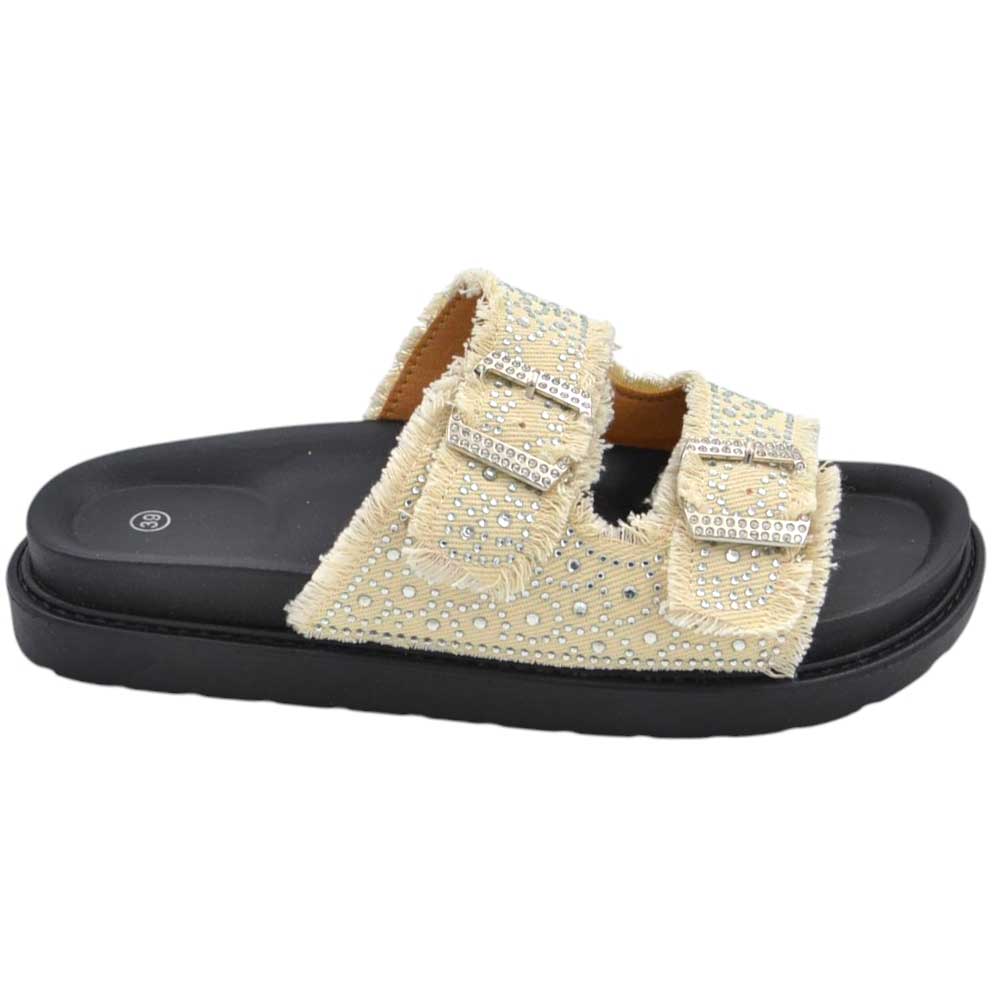 Pantofoline platform donna con doppia fibbia tessuto jeansato beige denim brillantini suola comfort 4 cm.